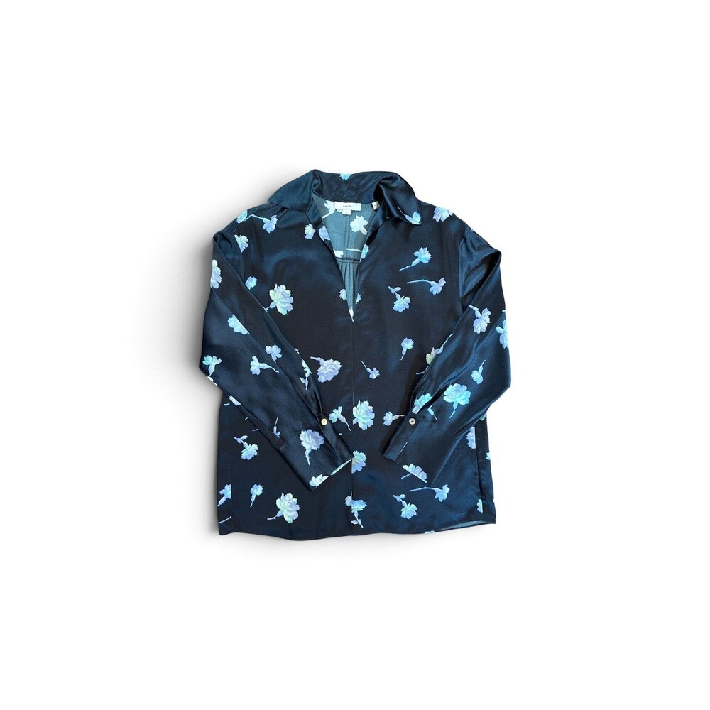 Vince Dark Blue Floral Print Silk Collared V Neck Blouse Size Small